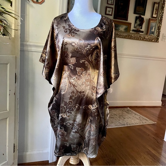 Vintage Gold 60s 70s silky Paisley Kaftan Mini butterfly Dress Angel Sleeves - Picture 6 of 16